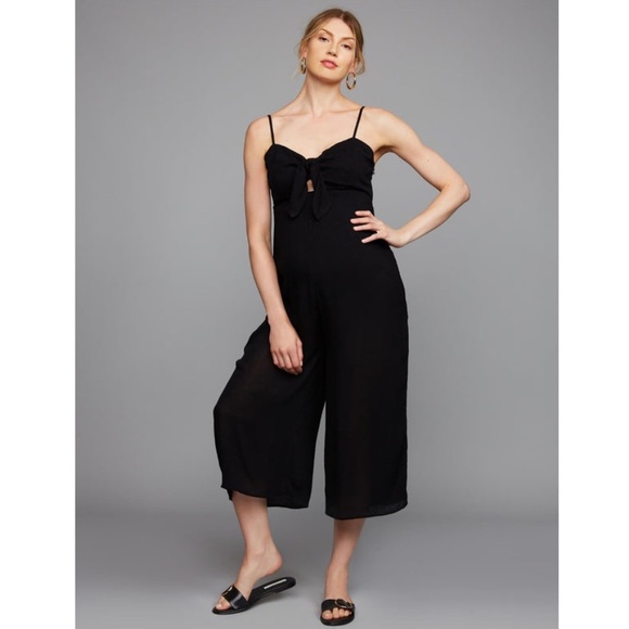 A Pea In The Pod Black Sleeveless Tie Top Cropped Wide Leg Jumpsuit - Picture 1 of 6